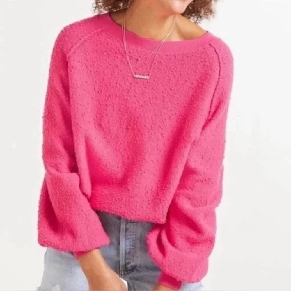 Free People Found My Friend Balloon Sleeve Sweatshirt Barbie Pink Small Costal - Picture 3 of 8